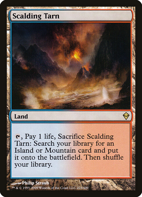 Scalding Tarn, Zendikar, illustrated by Philip Straub, framed in the app's
                  camera viewfinder.